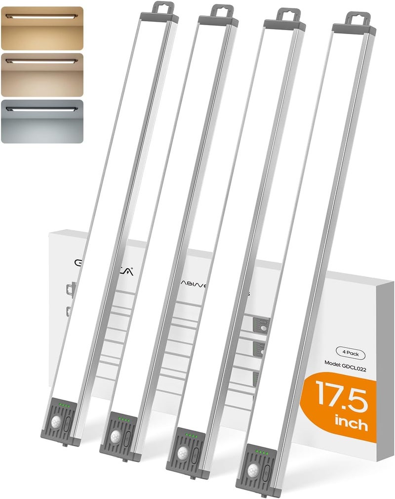 GOODEA 17.5Inch Under Cabinet Lighting, 4500mAh Rechargeable Battery Motion Sensor Light Indoor, Wireless Under Cabinet Lights for Kitchen, Closet(4 Pack) - Image 1